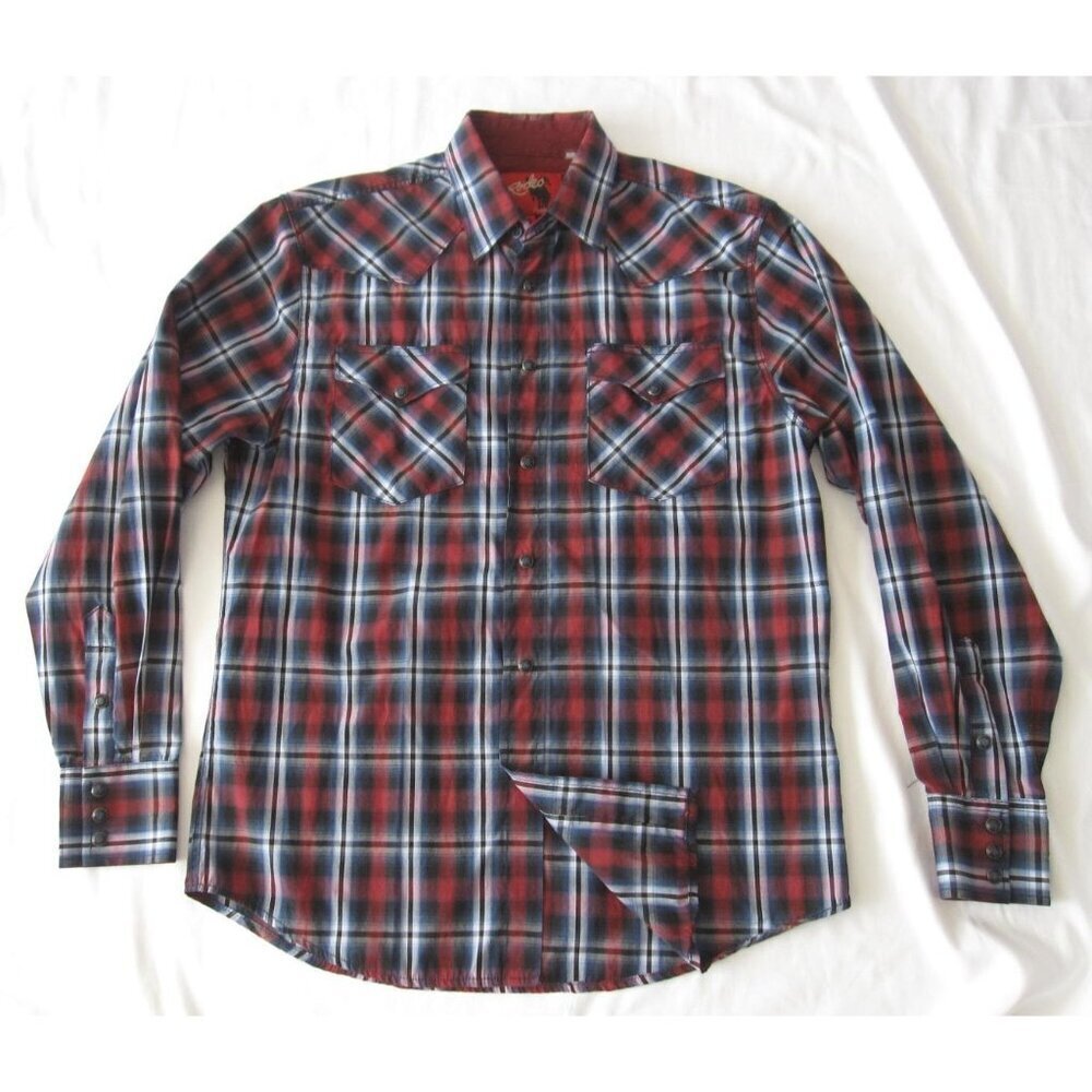 Rodeo Clothing Shirt Men South Western Madras Black Pearl Snap Sz M (MT948)